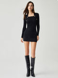 Button-Detail Long-Sleeve Ribbed Knit Short Sweater Dress