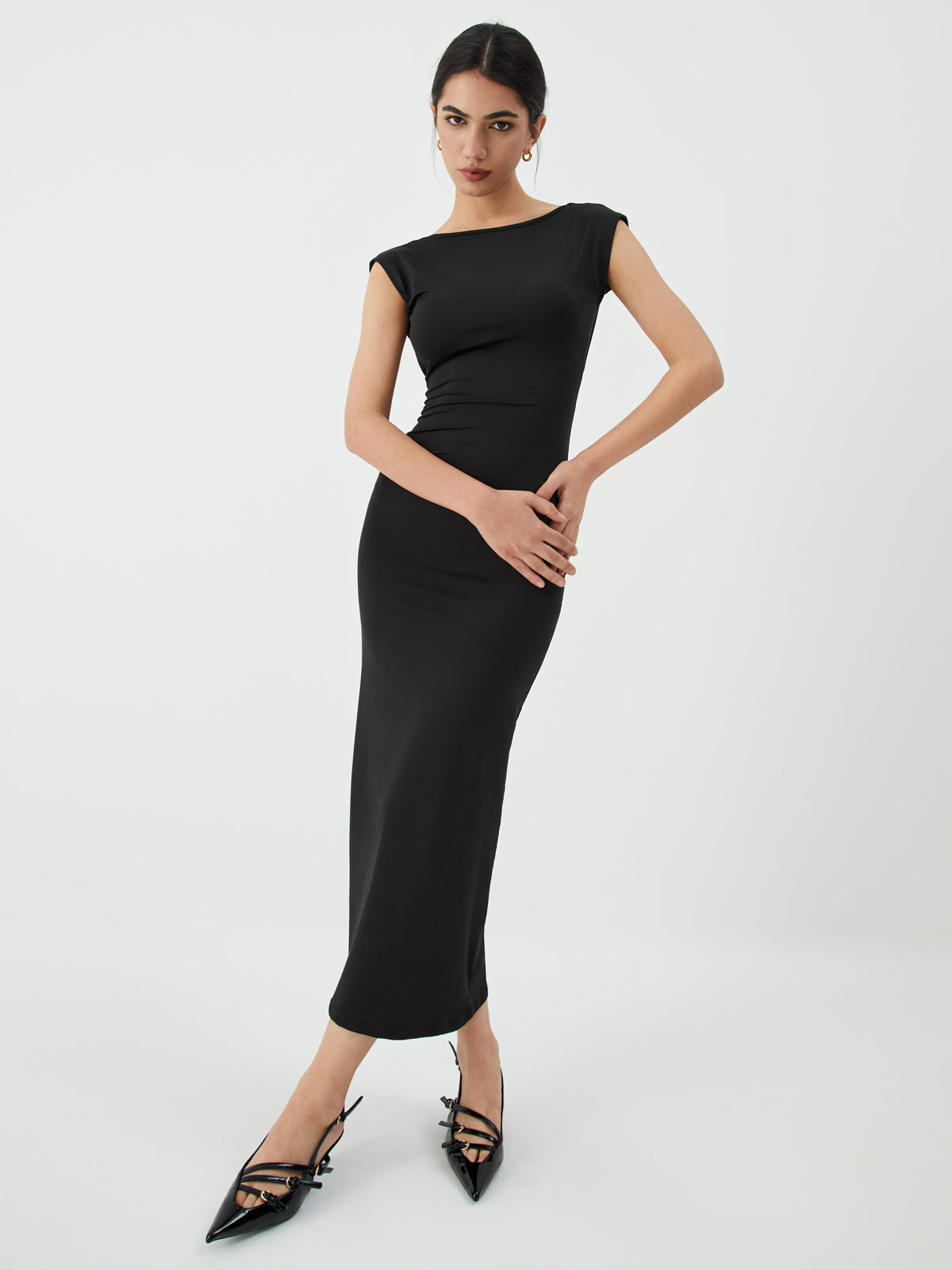 Solid-Color Midi Dress with Open Back