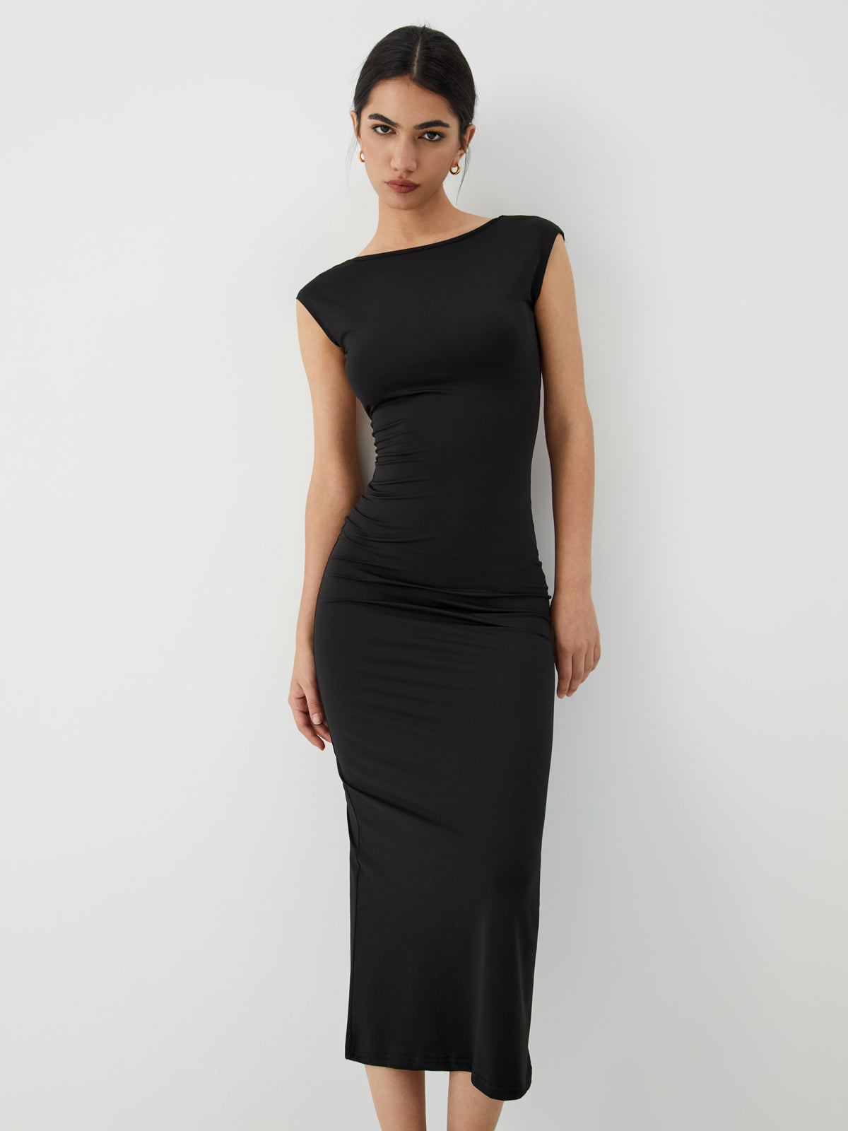 Solid-Color Midi Dress with Open Back