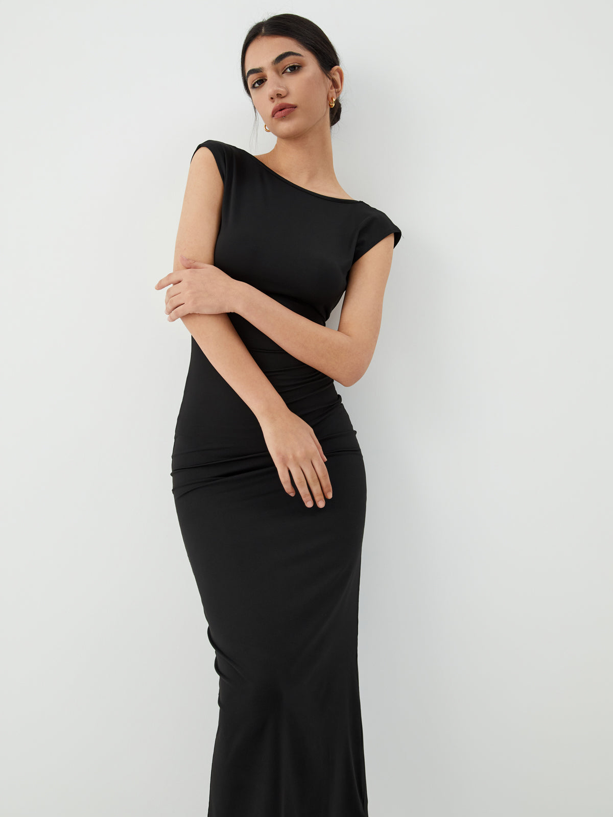 Solid-Color Midi Dress with Open Back