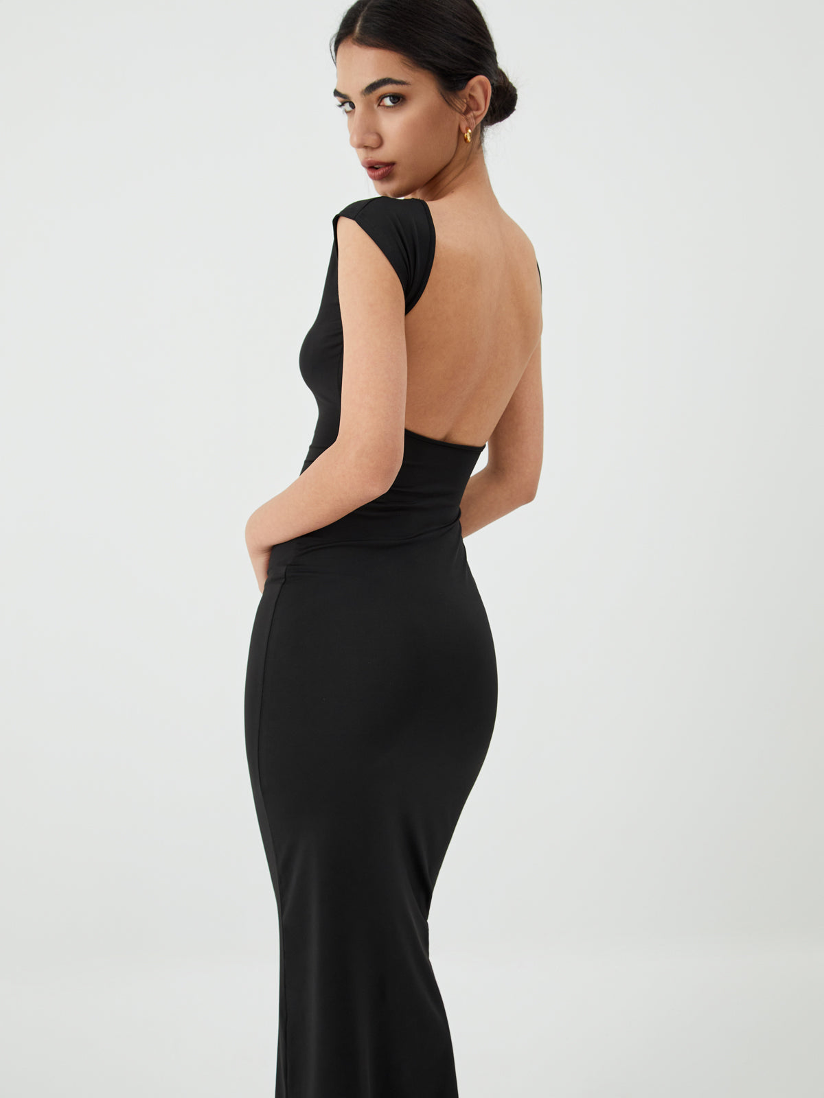 Solid-Color Midi Dress with Open Back