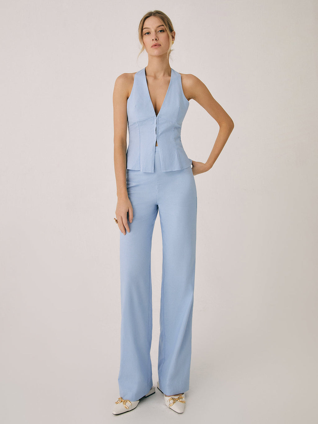 Cotton & Linen Cardigan with Straight-Leg Pants