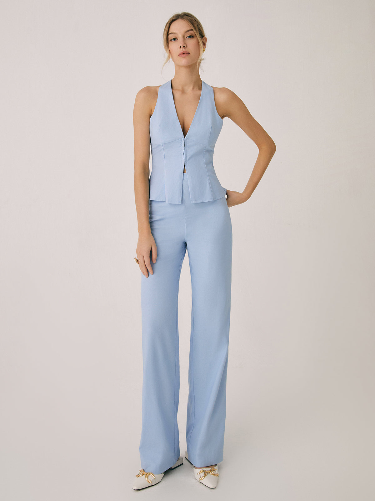 Cotton & Linen Cardigan with Straight-Leg Pants