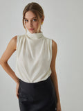 Pleated Sleeveless Blouse with High Neck