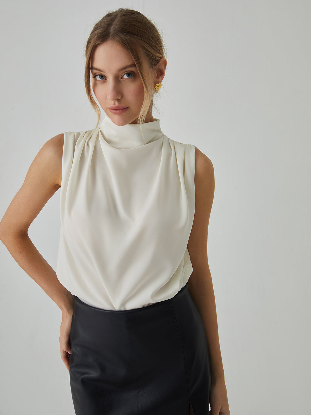 Pleated Sleeveless Blouse with High Neck