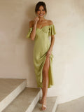 Elegant Long Dress with Split Sleeves and Ruffles