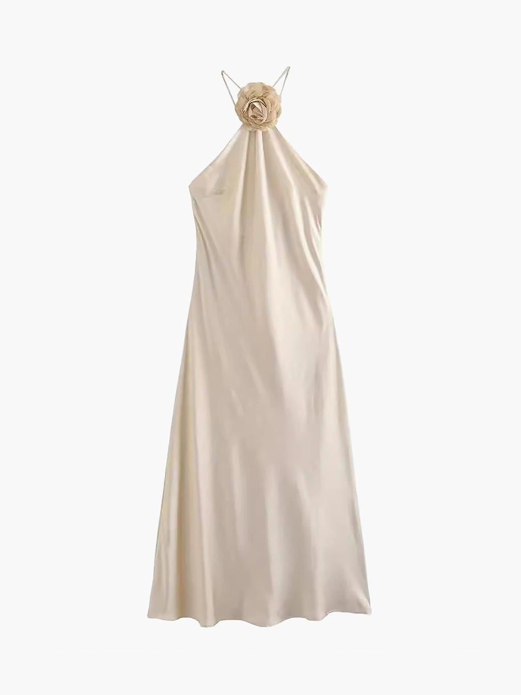 Satin Rosette-Decorated Halter Midi Dress