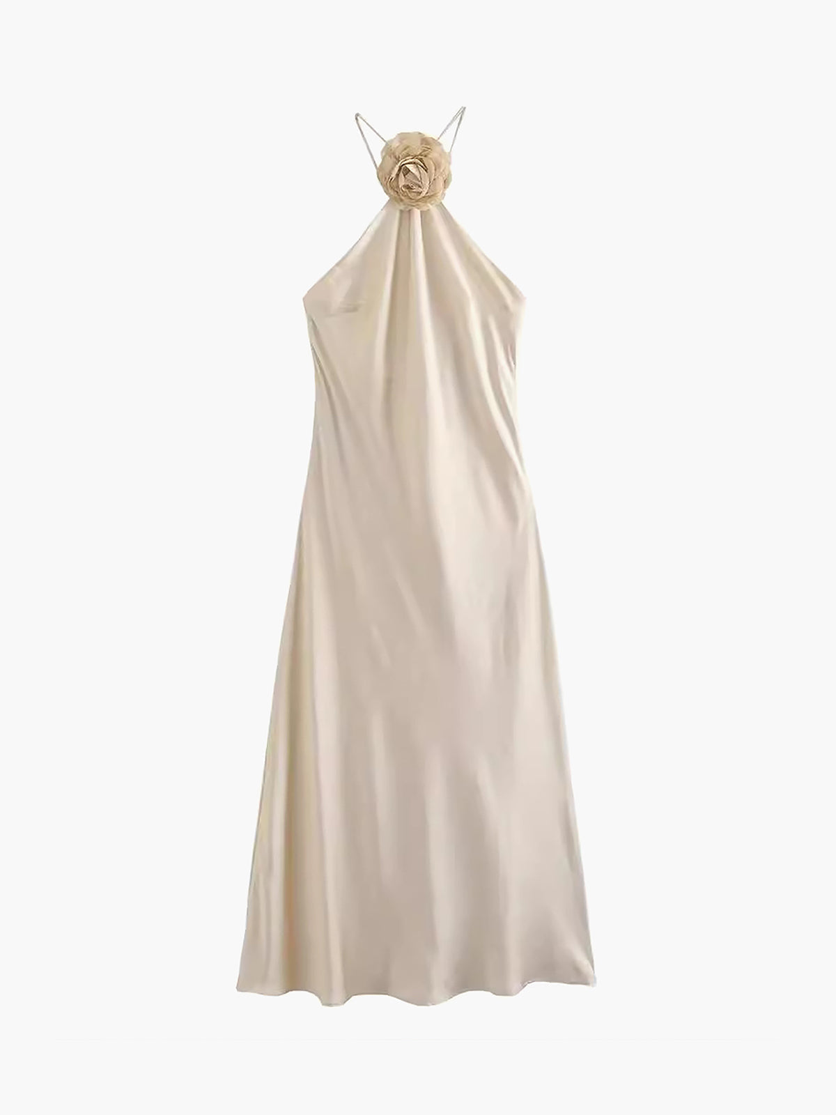 Satin Rosette-Decorated Halter Midi Dress