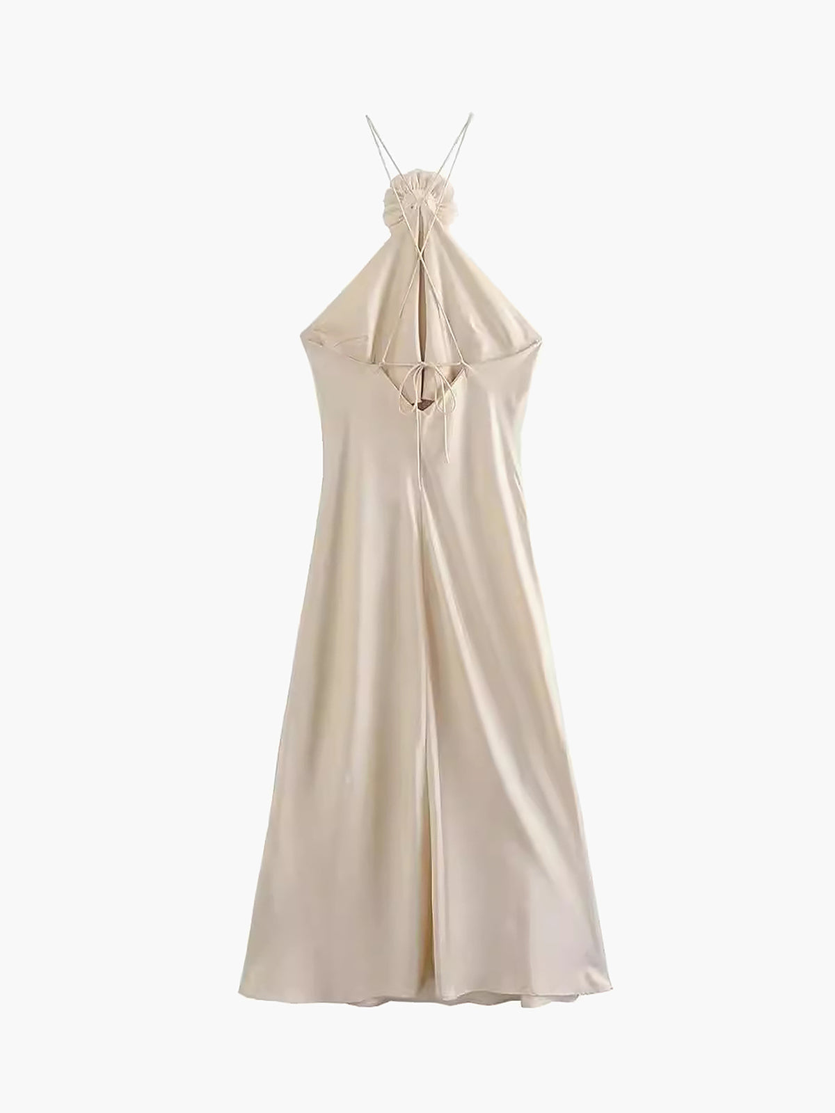 Satin Rosette-Decorated Halter Midi Dress