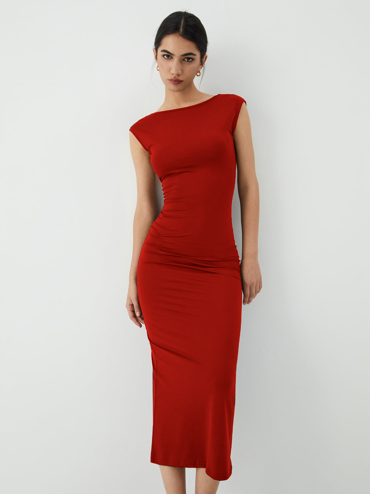 Solid-Color Midi Dress with Open Back
