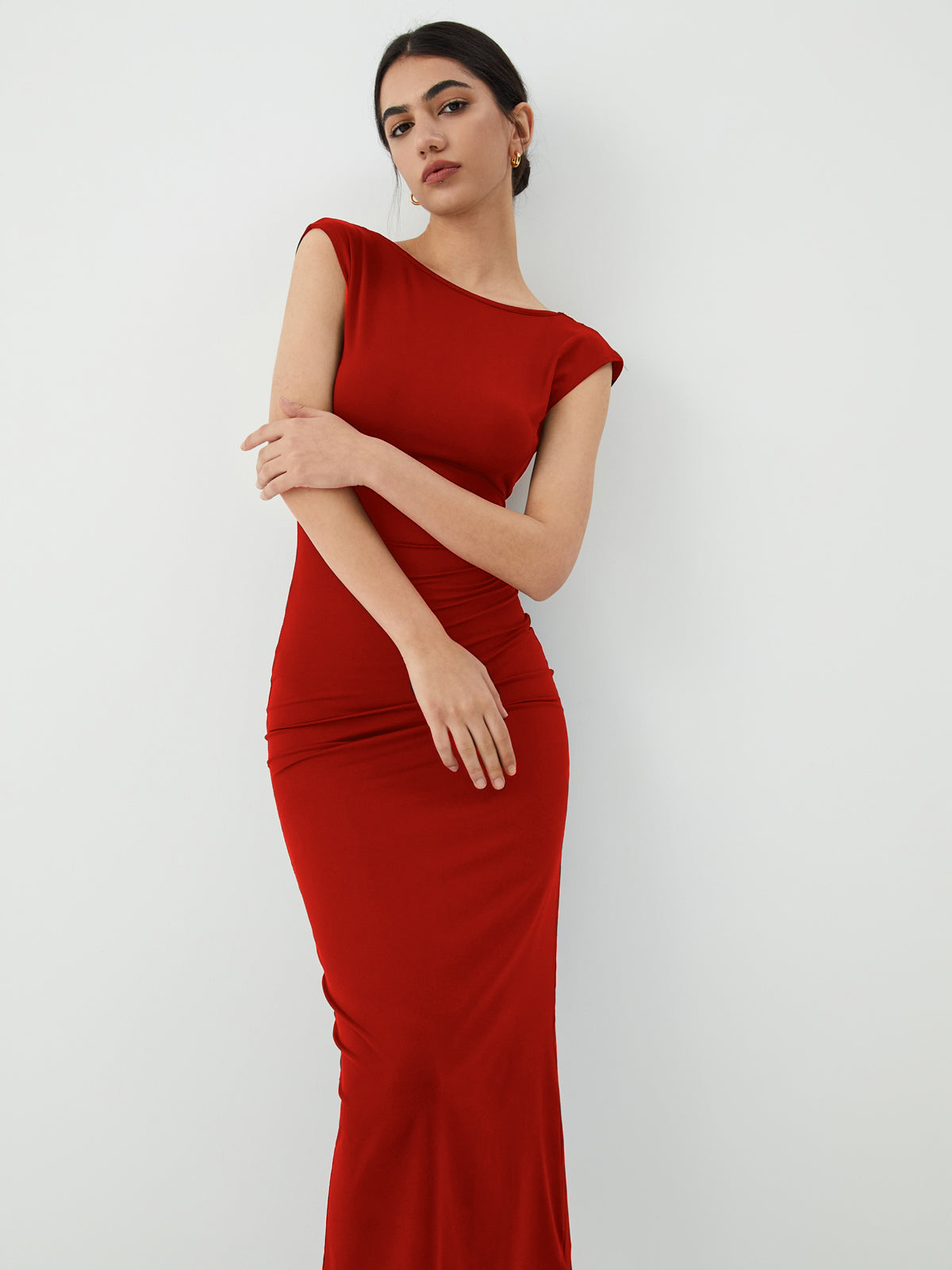 Solid-Color Midi Dress with Open Back