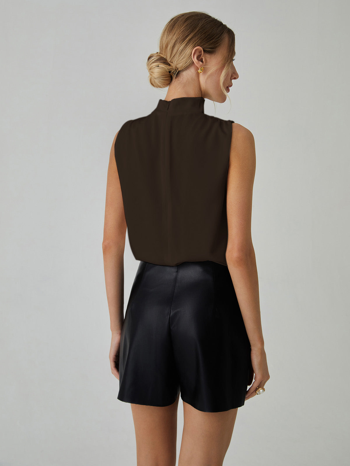 Pleated Sleeveless Blouse with High Neck