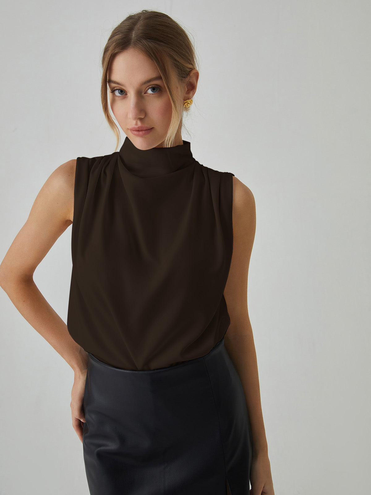 Pleated Sleeveless Blouse with High Neck