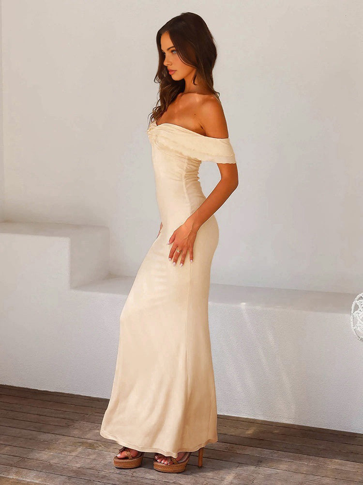 Off-Shoulder Satin Dress with Ruffles