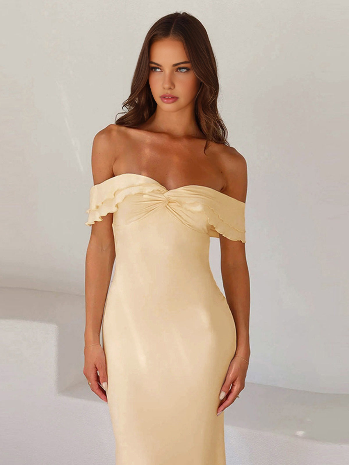 Off-Shoulder Satin Dress with Ruffles